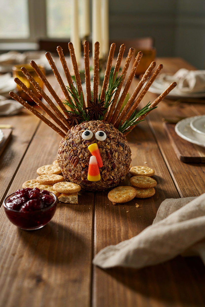 Cheese ball shaped like a turkey with pretzel stick tail feathers, candy corn beak, festive Thanksgiving table