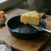 Golden cornbread wedge from cast iron skillet