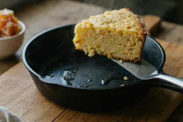 Golden cornbread wedge from cast iron skillet