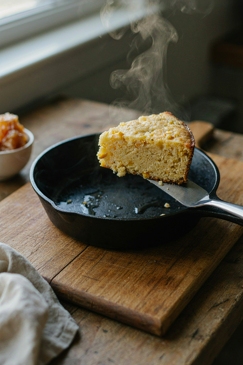 Golden cornbread wedge lifted from cast iron skillet with crisp brown edges, steam rising