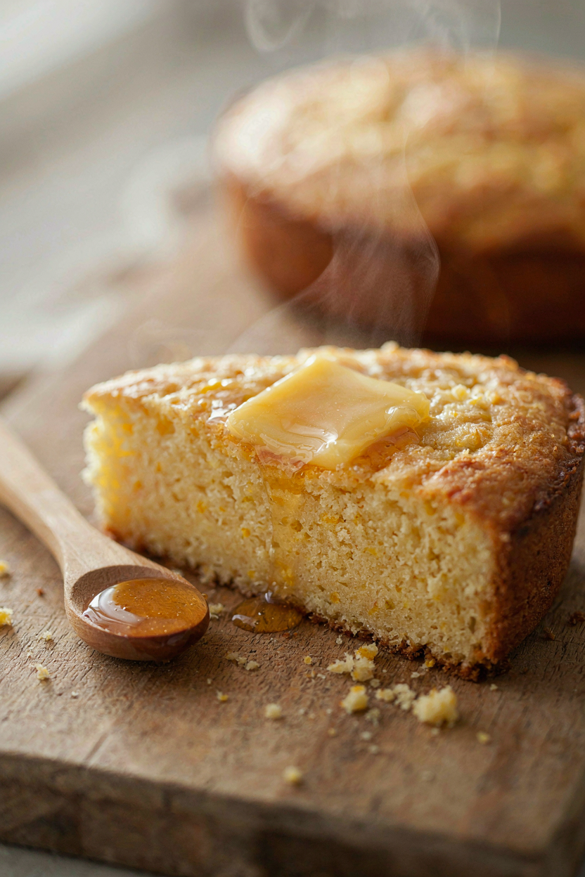 Warm cornbread slice split open showing tender crumb, honey butter melting on top, golden edges