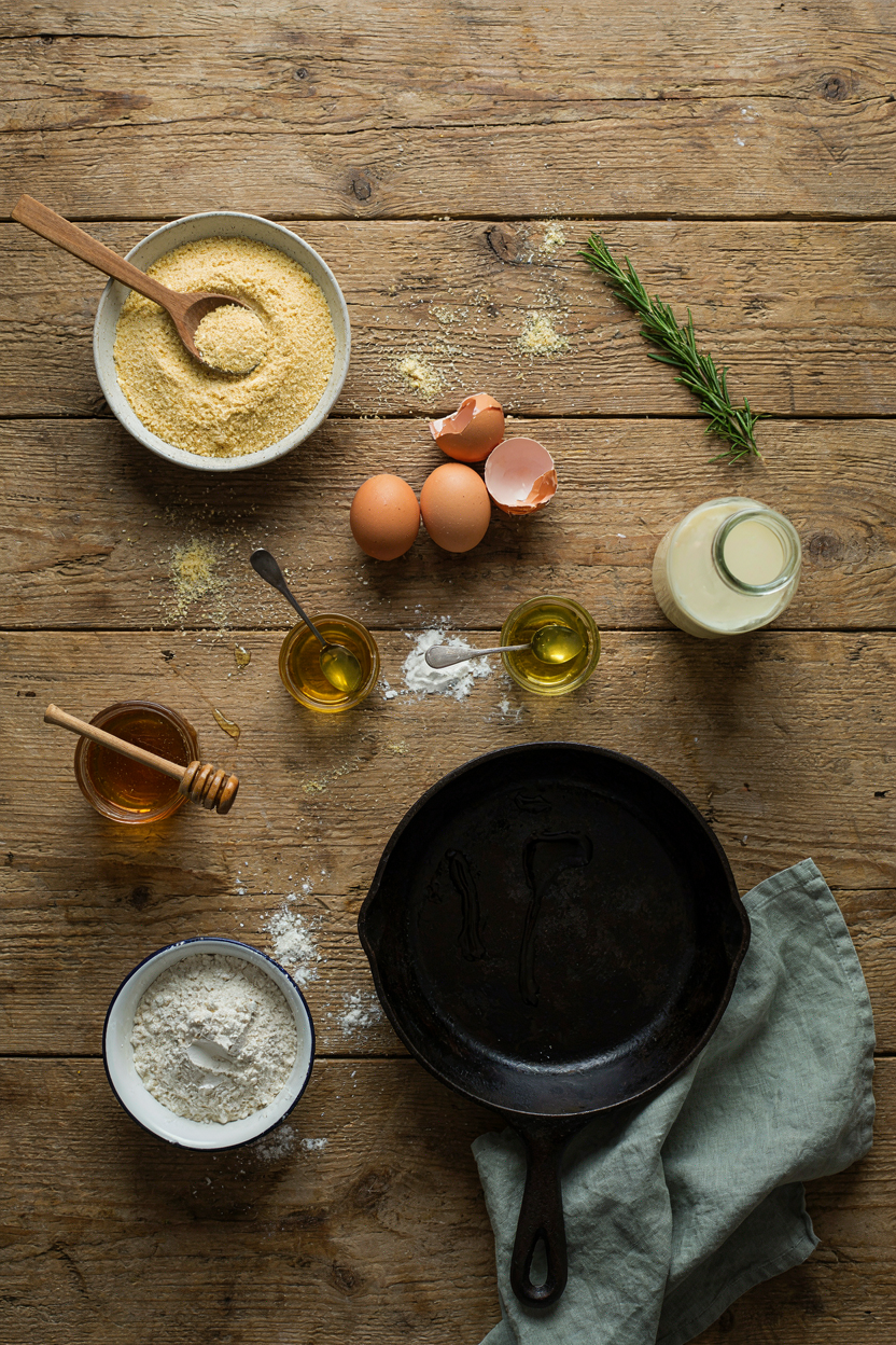 Thanksgiving cornbread ingredients arranged on a rustic table: cornmeal, flour, buttermilk, eggs, cast iron skillet