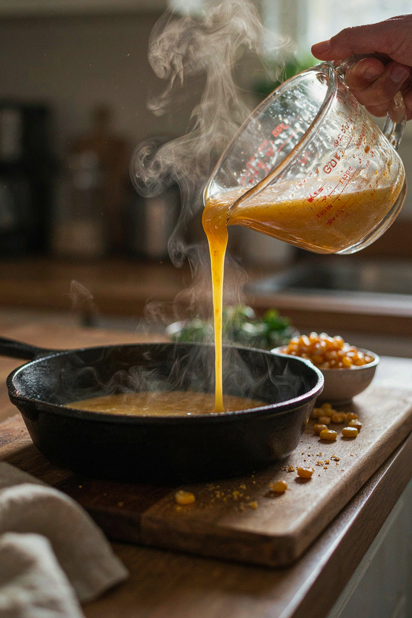 Batter being poured into hot skillet