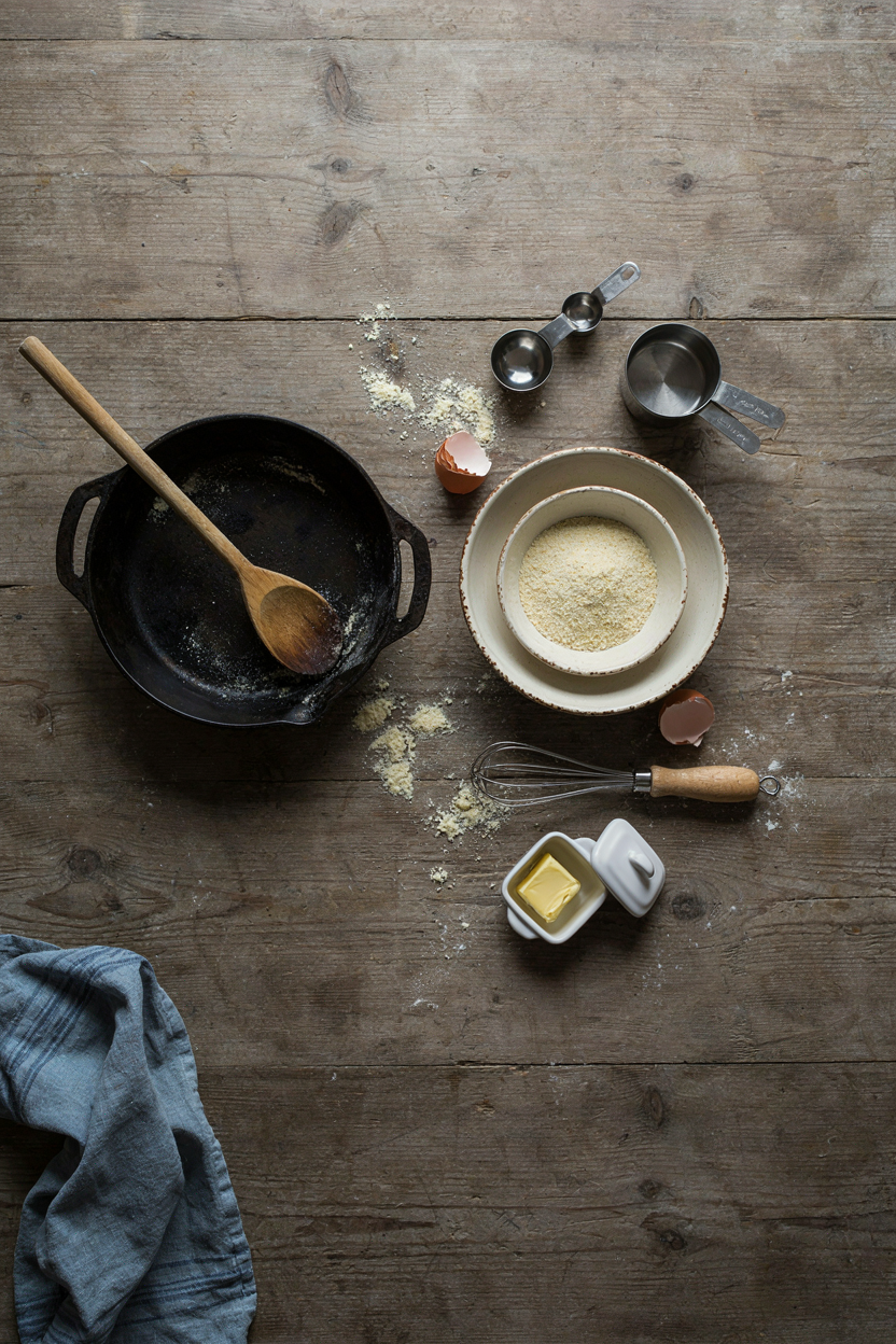 Cornbread baking tools arranged on rustic table