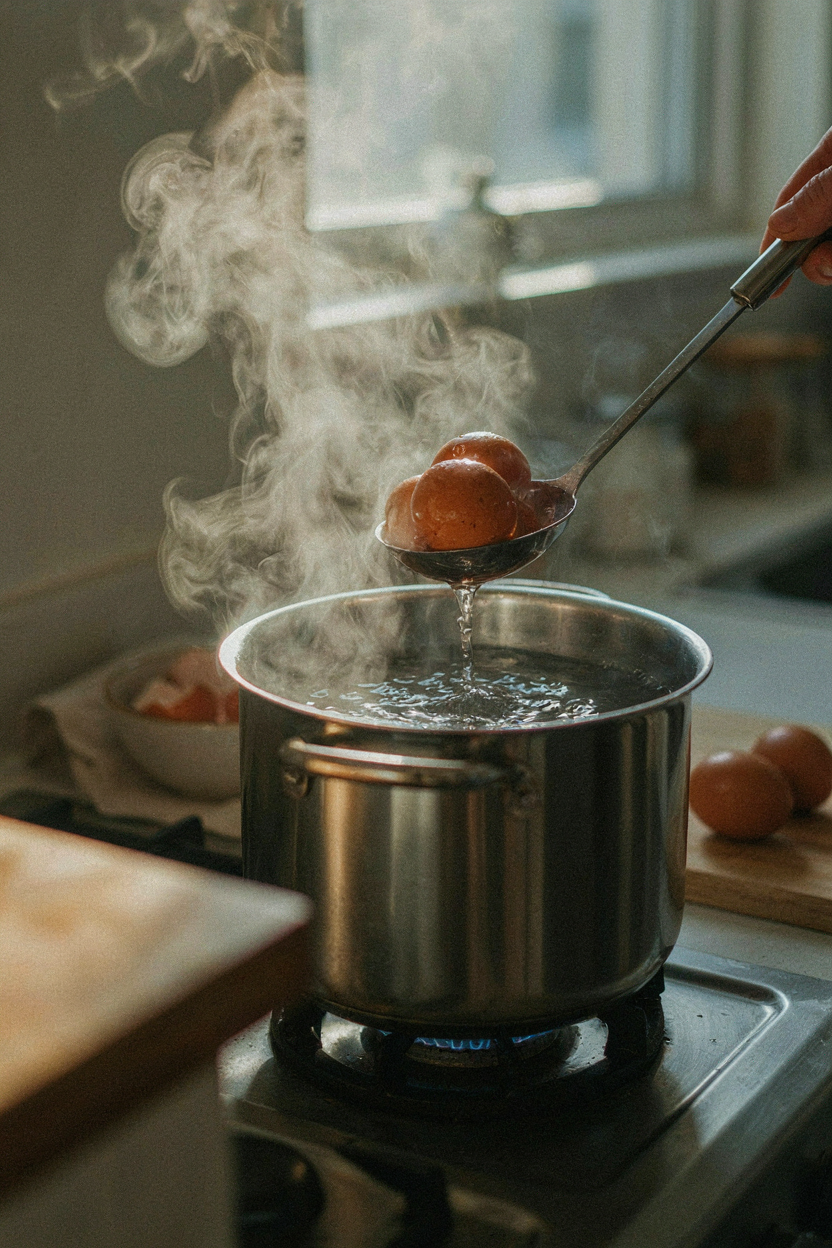 Eggs being lowered into boiling water with slotted spoon