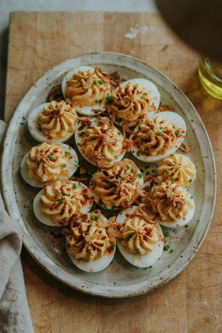 Platter of deviled eggs with piped filling and paprika