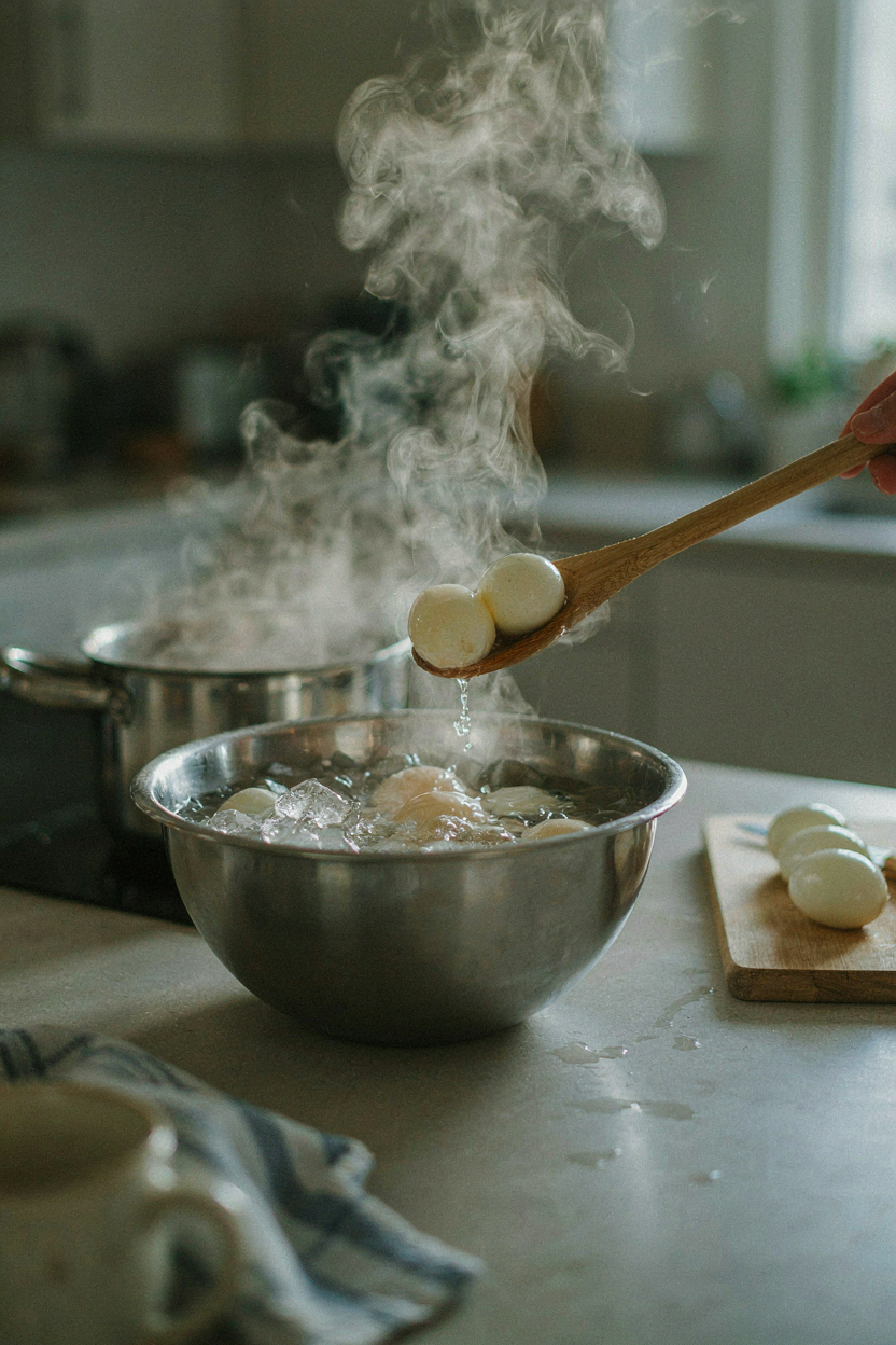 Hard boiled eggs being transferred into ice water bath