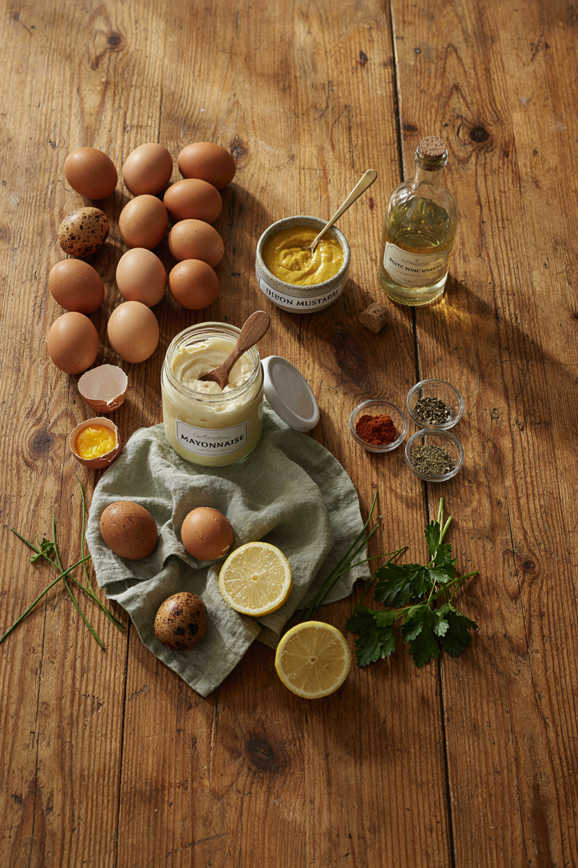 Deviled egg ingredients on rustic table: eggs, mayonnaise, Dijon mustard, vinegar, spices