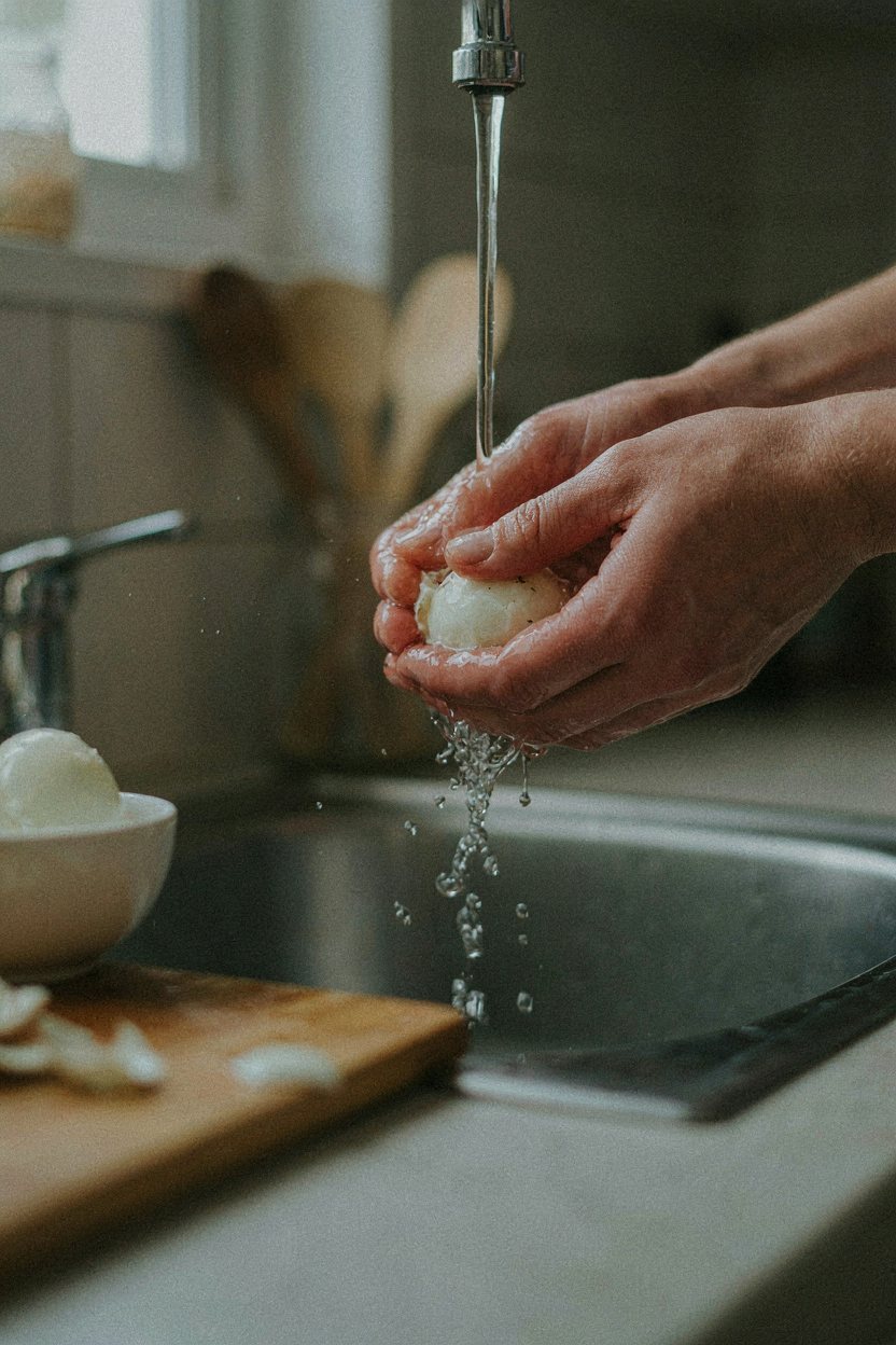 Hands peeling hard boiled egg under running water