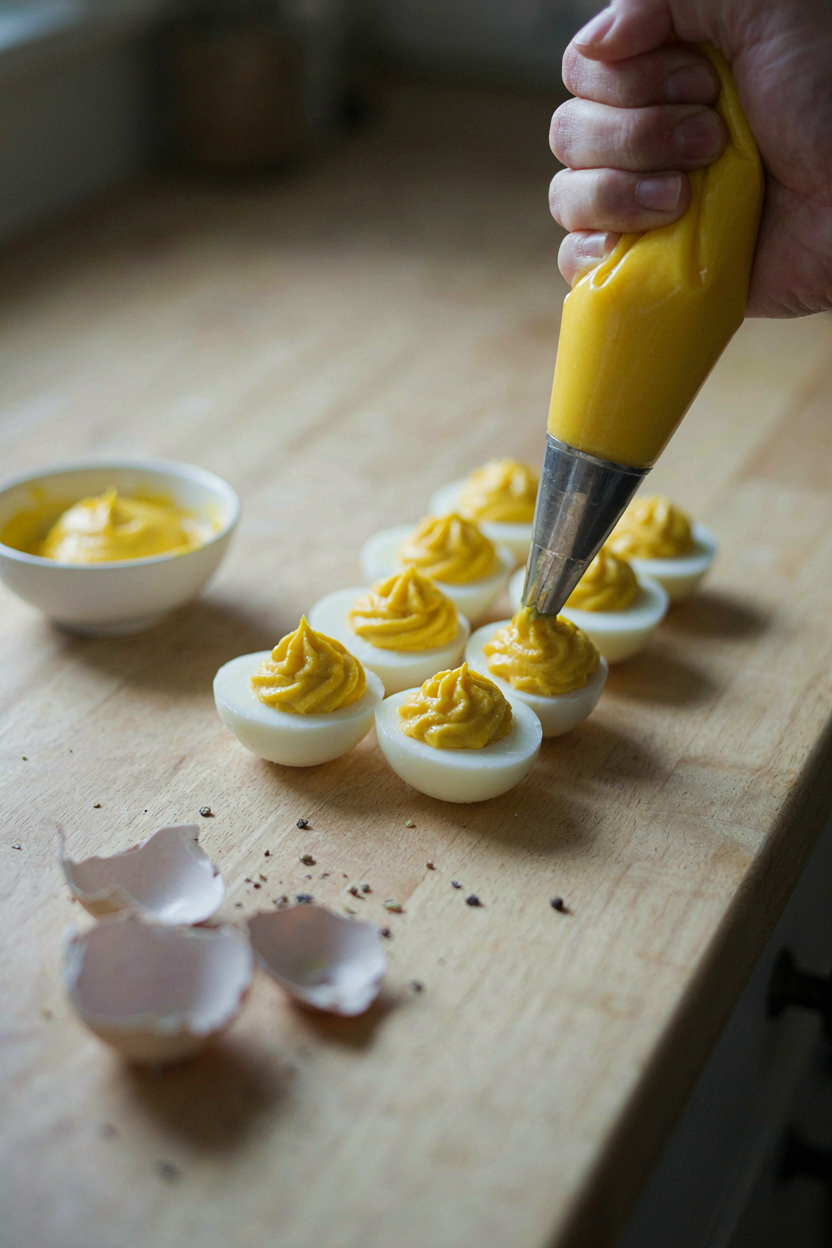 Piping bag filling deviled egg whites with smooth yolk mixture