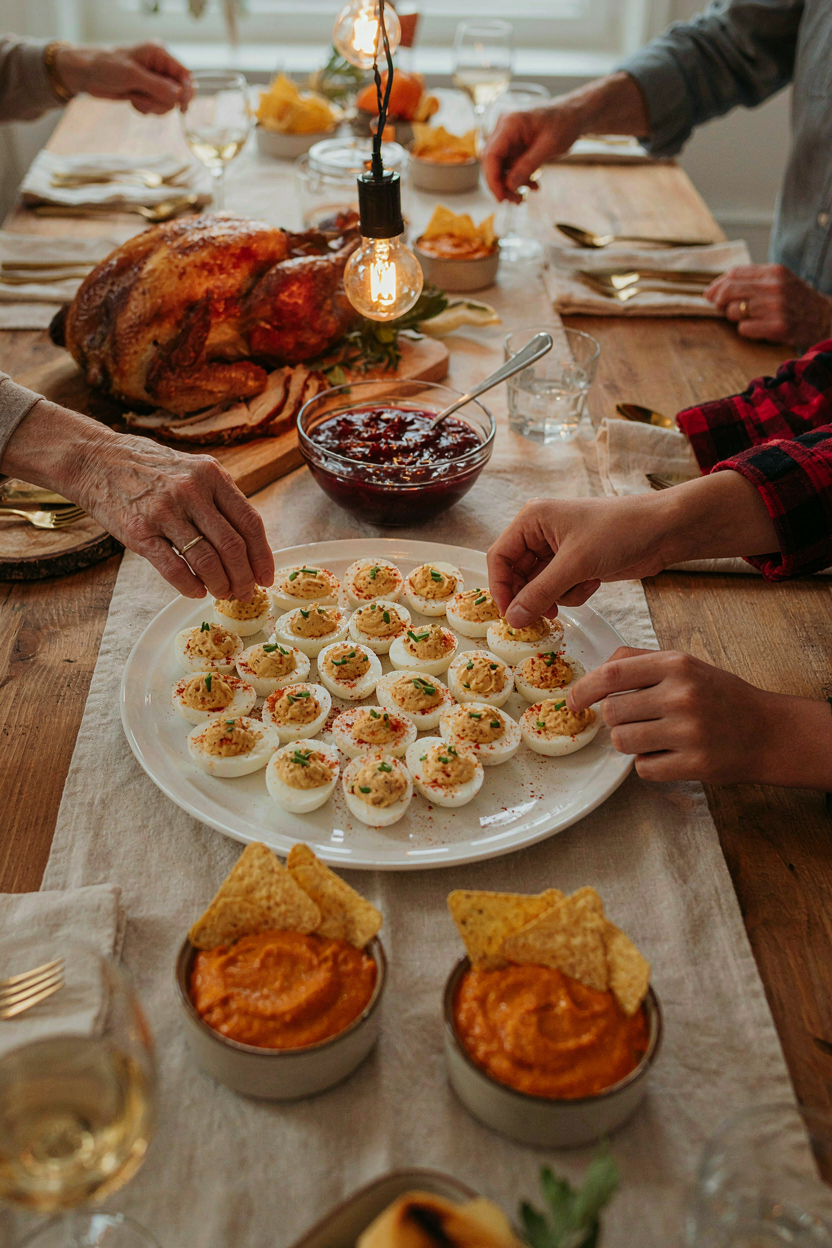 Thanksgiving appetizer table with deviled eggs platter, family gathering, warm festive atmosphere