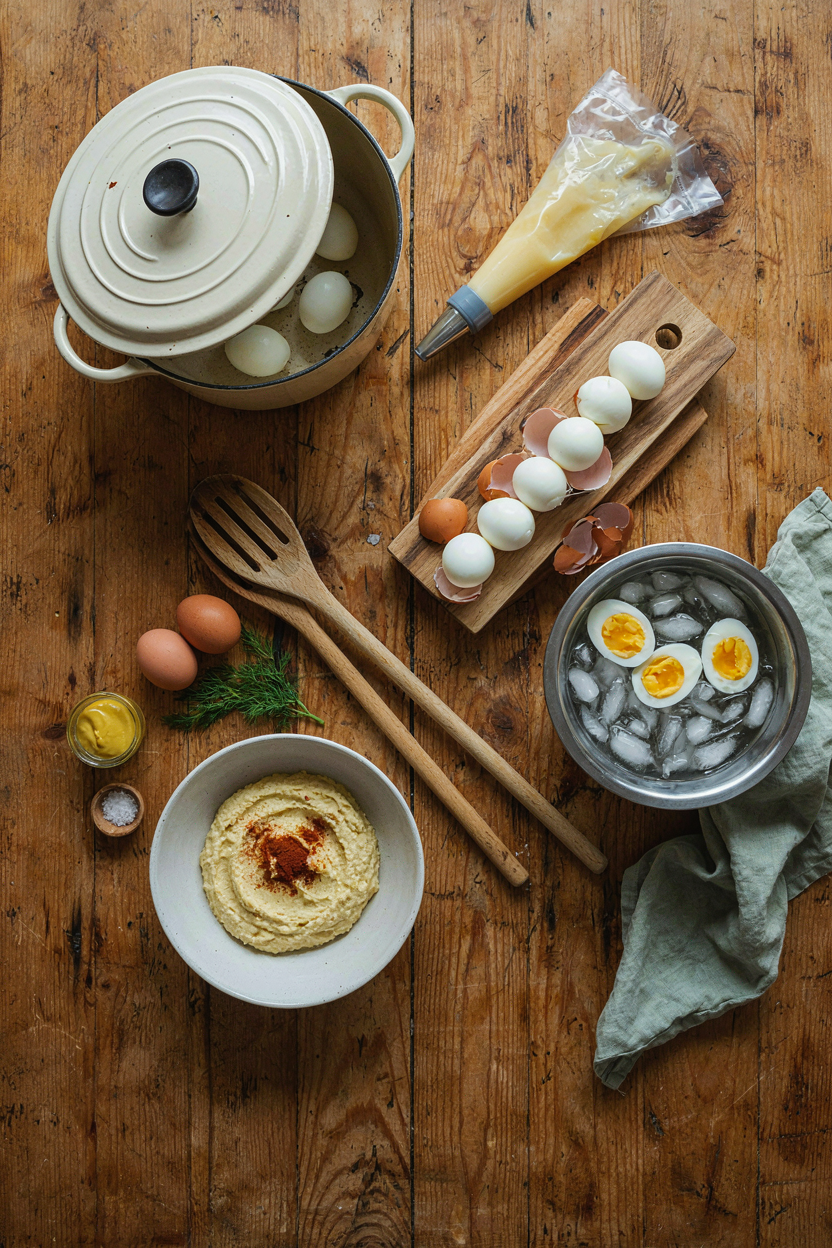 Deviled egg tools arranged on rustic table