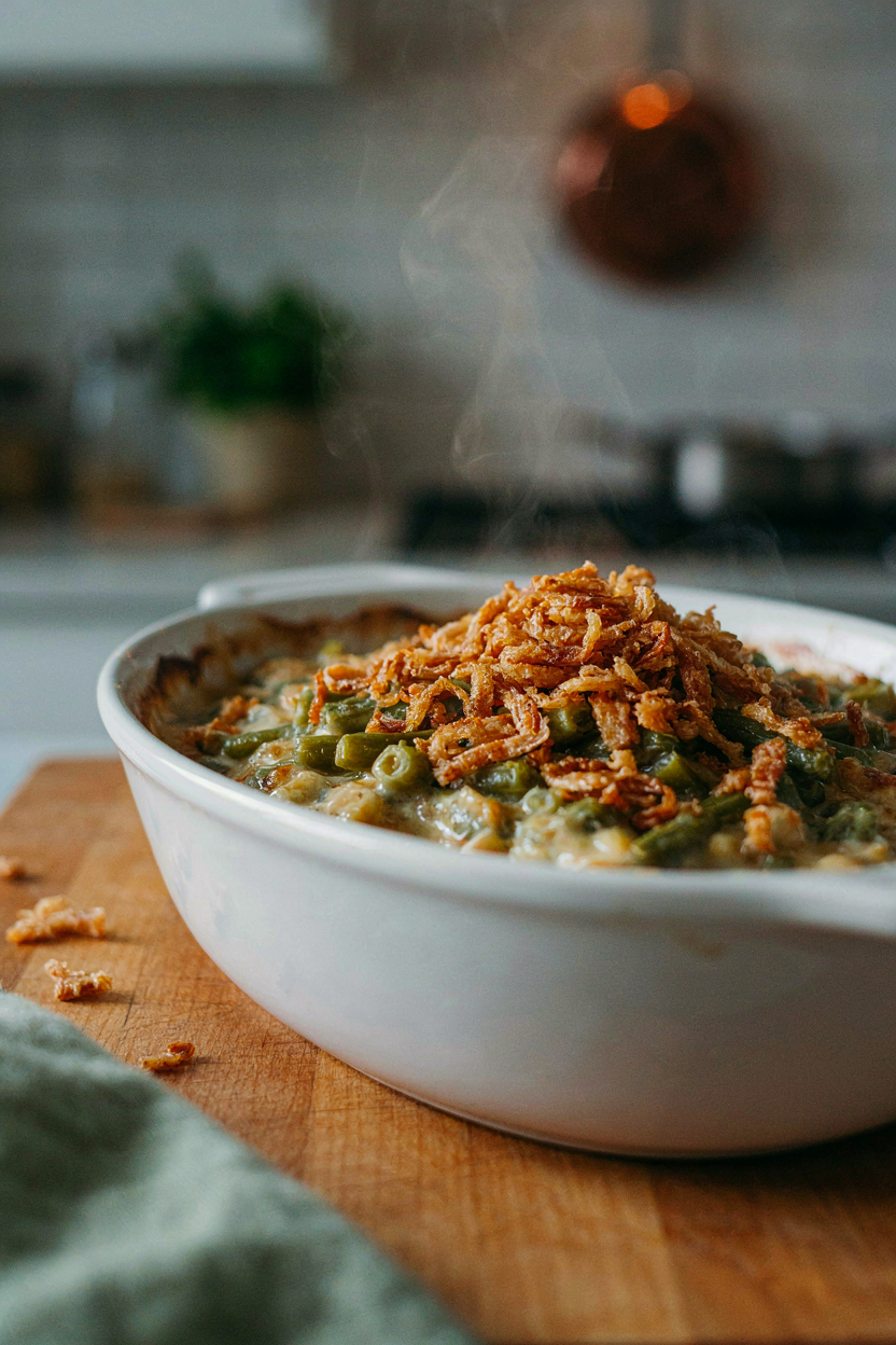 Baking dish of green bean casserole with crisp golden shallots on top