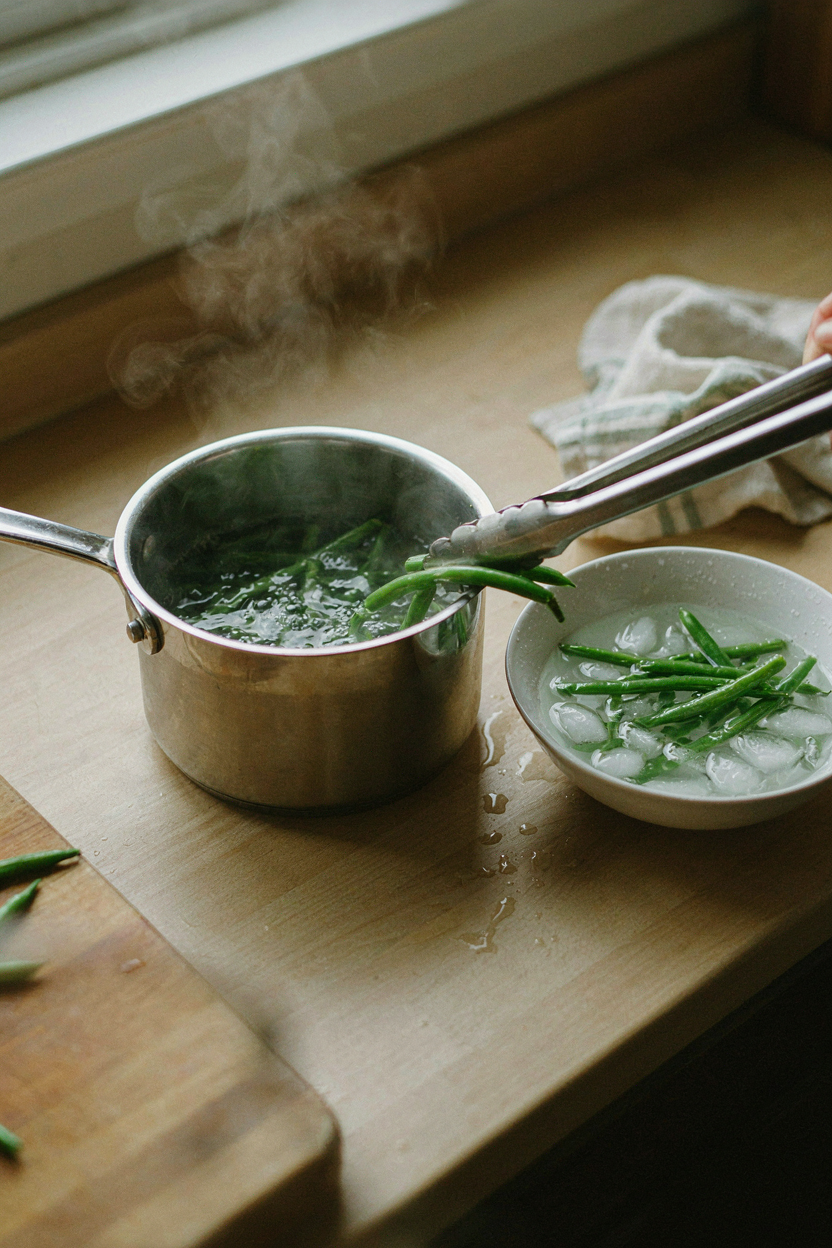 Bright green beans being blanched then plunged into ice water bath