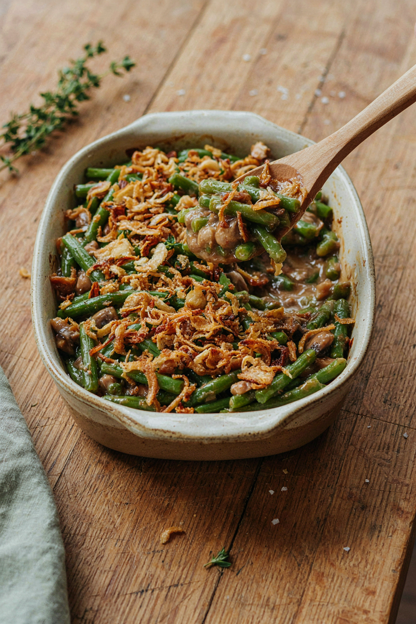 Spoon lifting portion from baking dish of green bean casserole, beans bright green, creamy sauce, crisp shallots on top