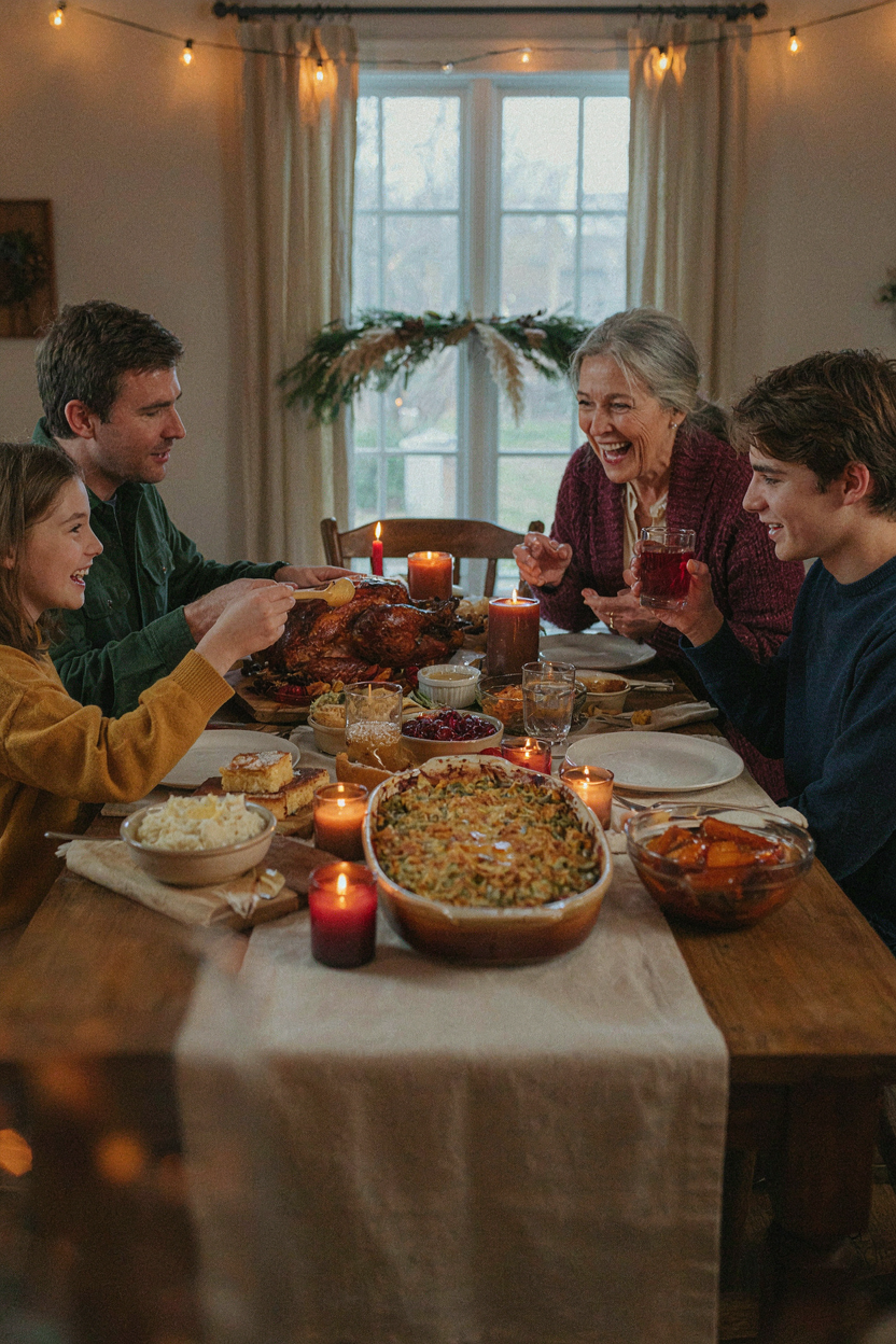 Thanksgiving table with baking dish of green bean casserole, family gathering, festive atmosphere