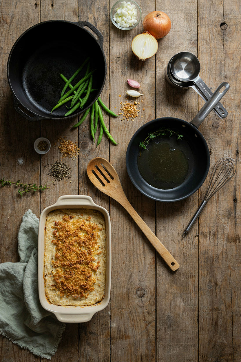 Green bean casserole making tools arranged on rustic table
