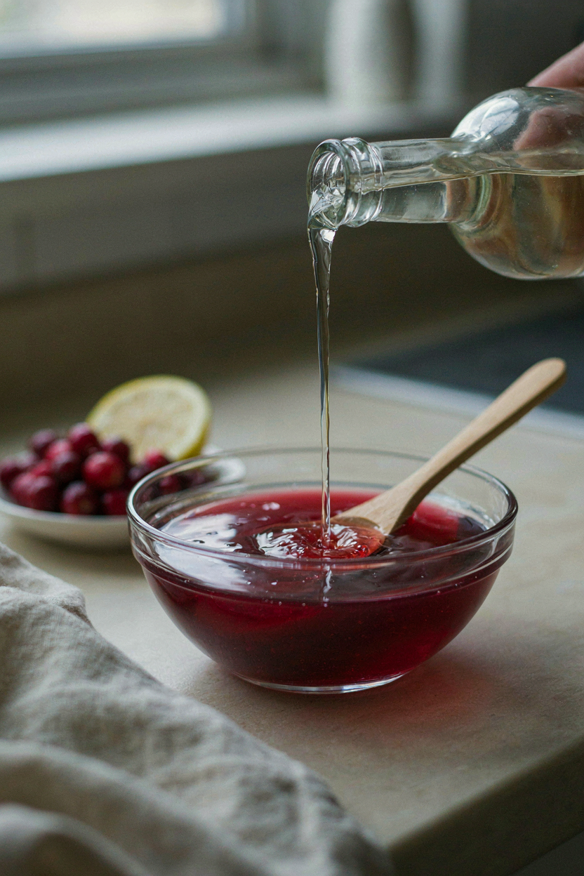 Chilled vodka being poured into cooled cranberry gelatin mixture