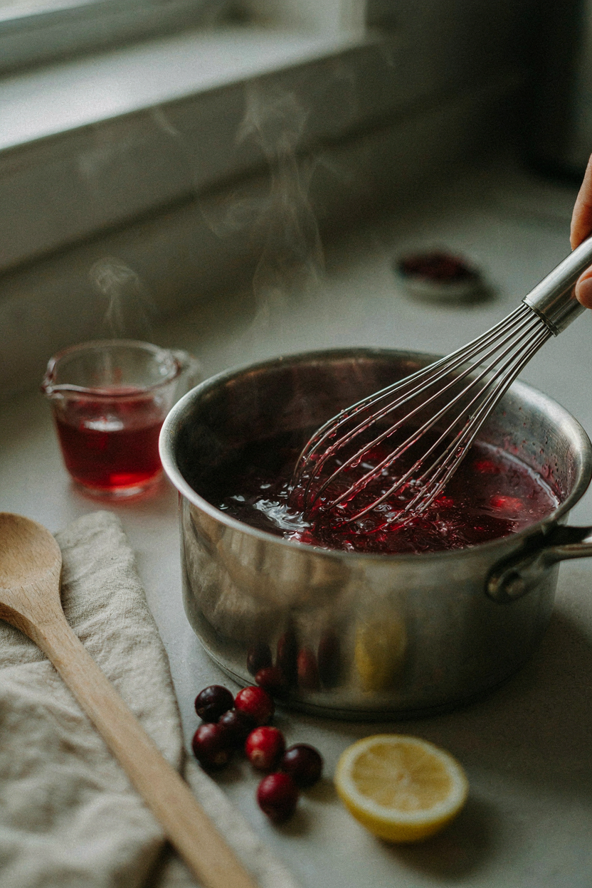 Cranberry gelatin being whisked into hot cranberry juice