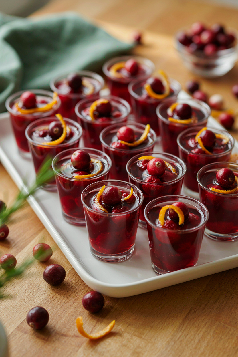 Tray of set cranberry jello shots garnished with fresh cranberries
