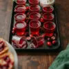 Tray of deep-red cranberry jello shots