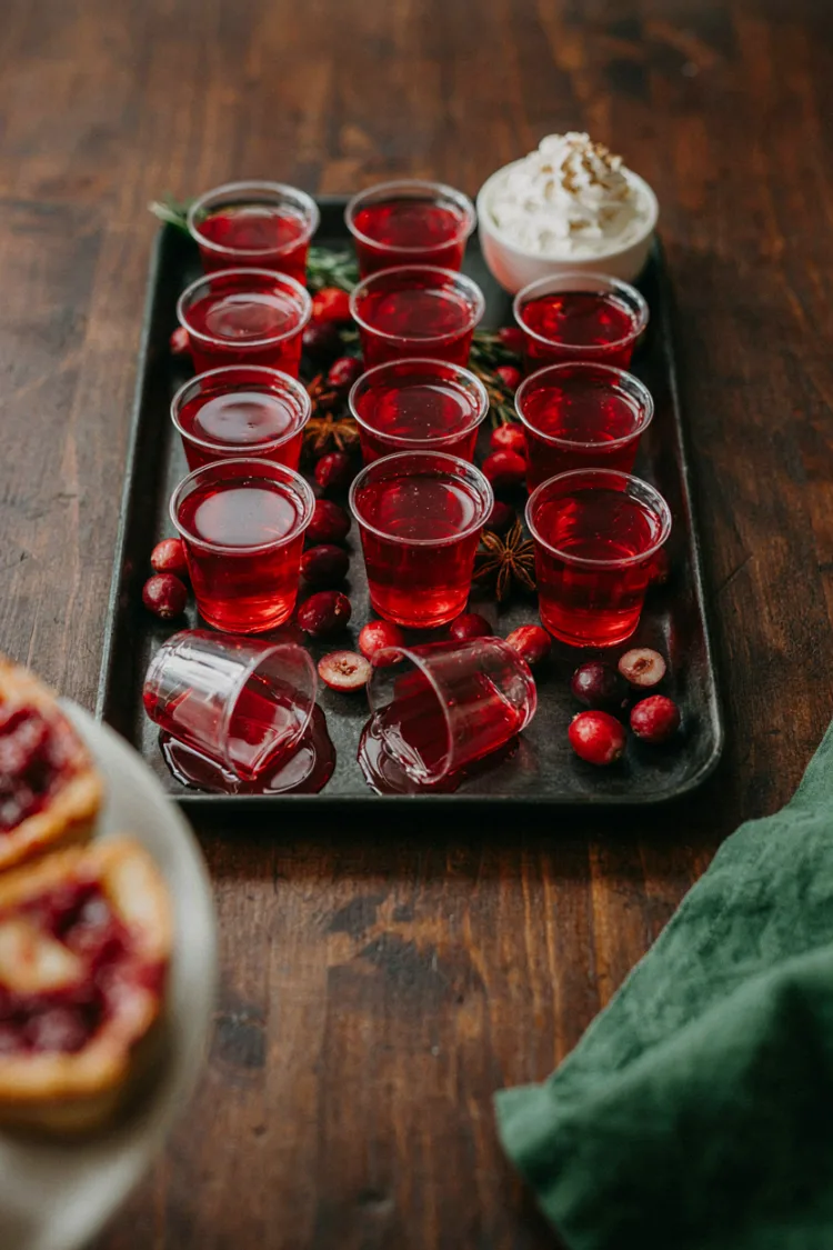 Tray of deep-red cranberry jello shots