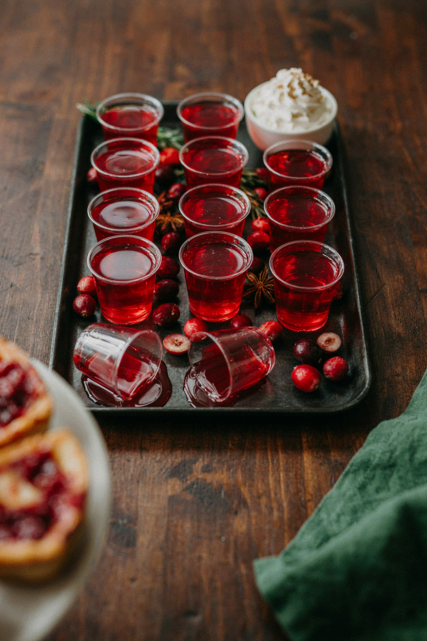 Tray of deep-red cranberry jello shots in small plastic cups, cranberries scattered as garnish