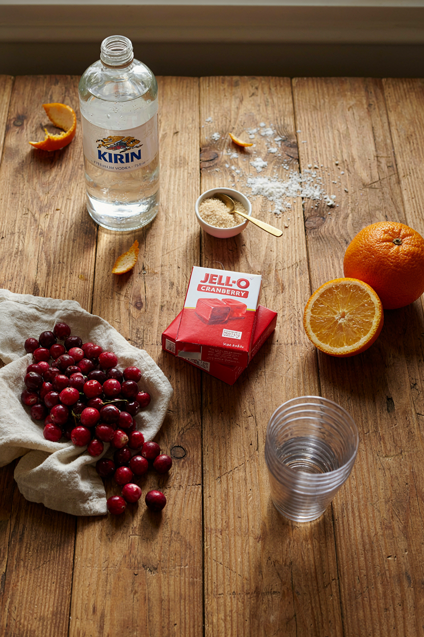 Jello shot ingredients on rustic table: cranberry juice, vodka, gelatin boxes, plastic cups, cranberries