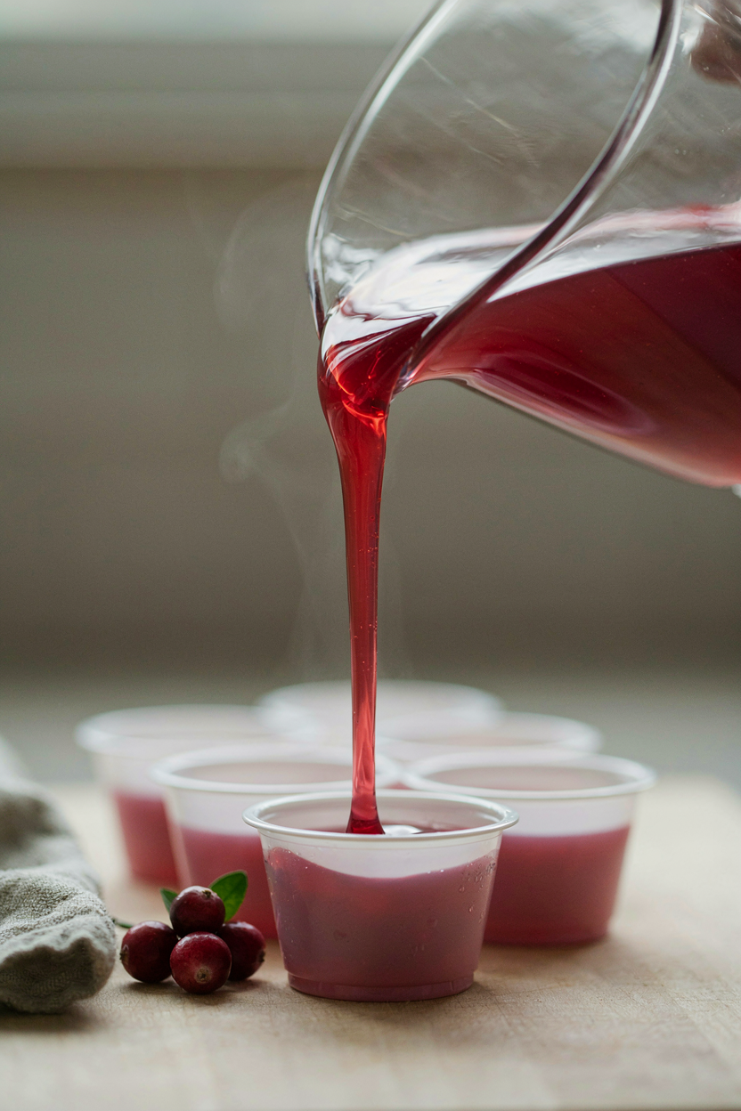 Red cranberry jello mixture being poured into small plastic cups, glossy and deep red