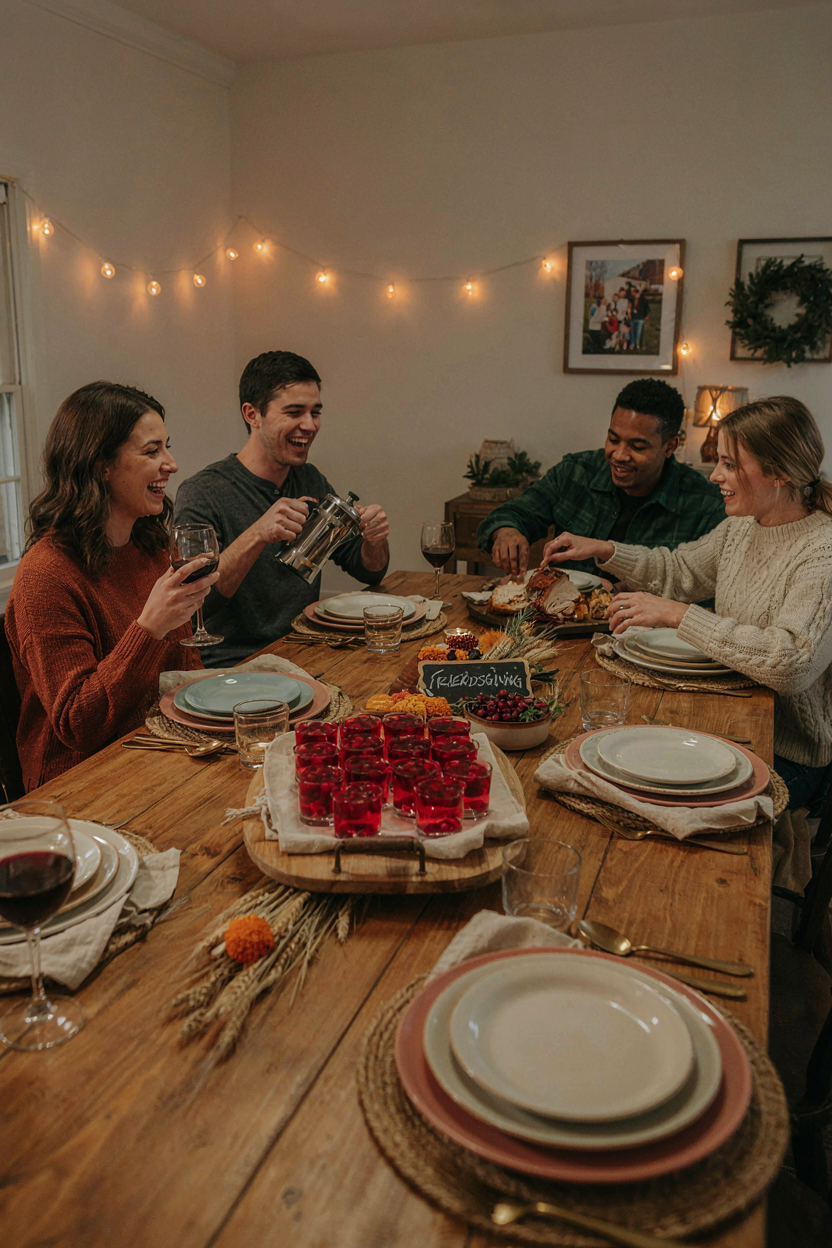 Friendsgiving party table with tray of cranberry jello shots, friends gathering, festive atmosphere