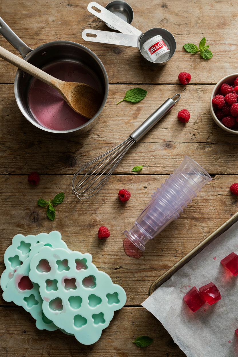 Jello shot making tools arranged on rustic table