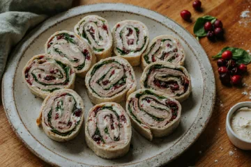 Platter of tortilla pinwheels showing spiral cross-sections