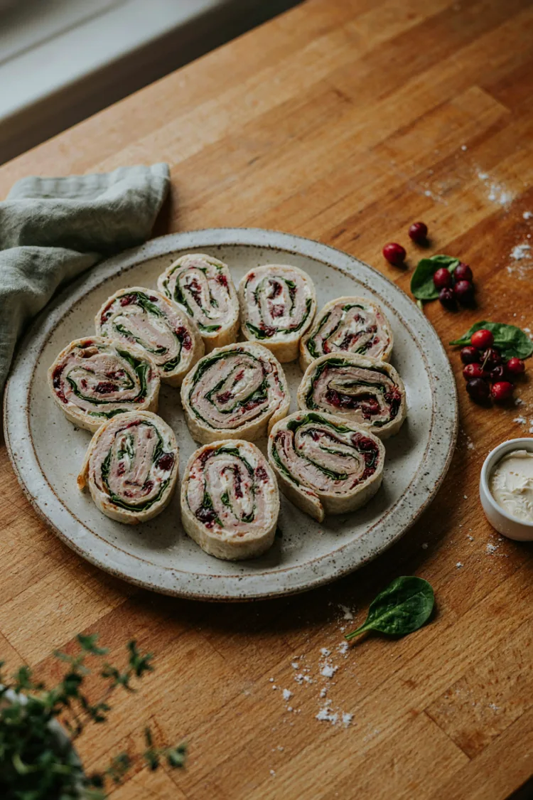 Platter of tortilla pinwheels showing spiral cross-sections