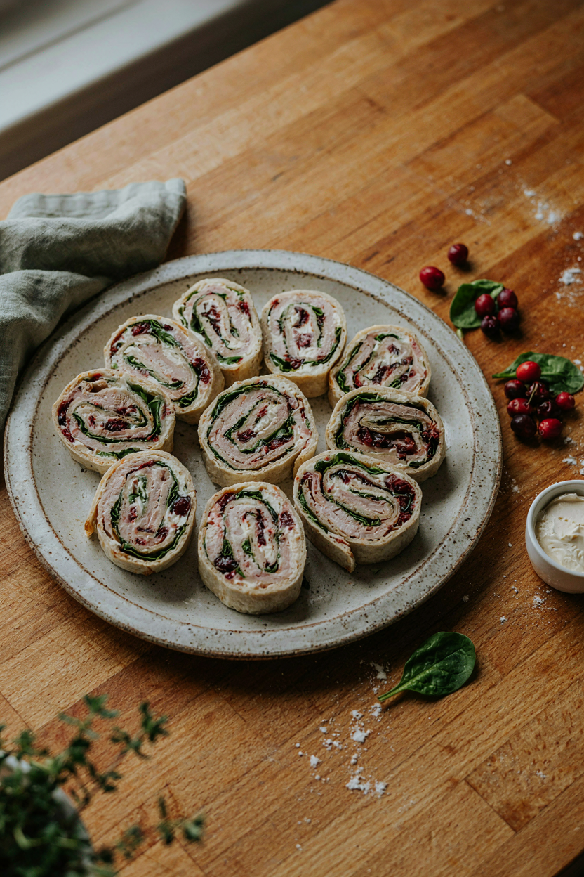 Platter of tortilla pinwheels cut to show spirals of turkey, cream cheese, cranberry and spinach