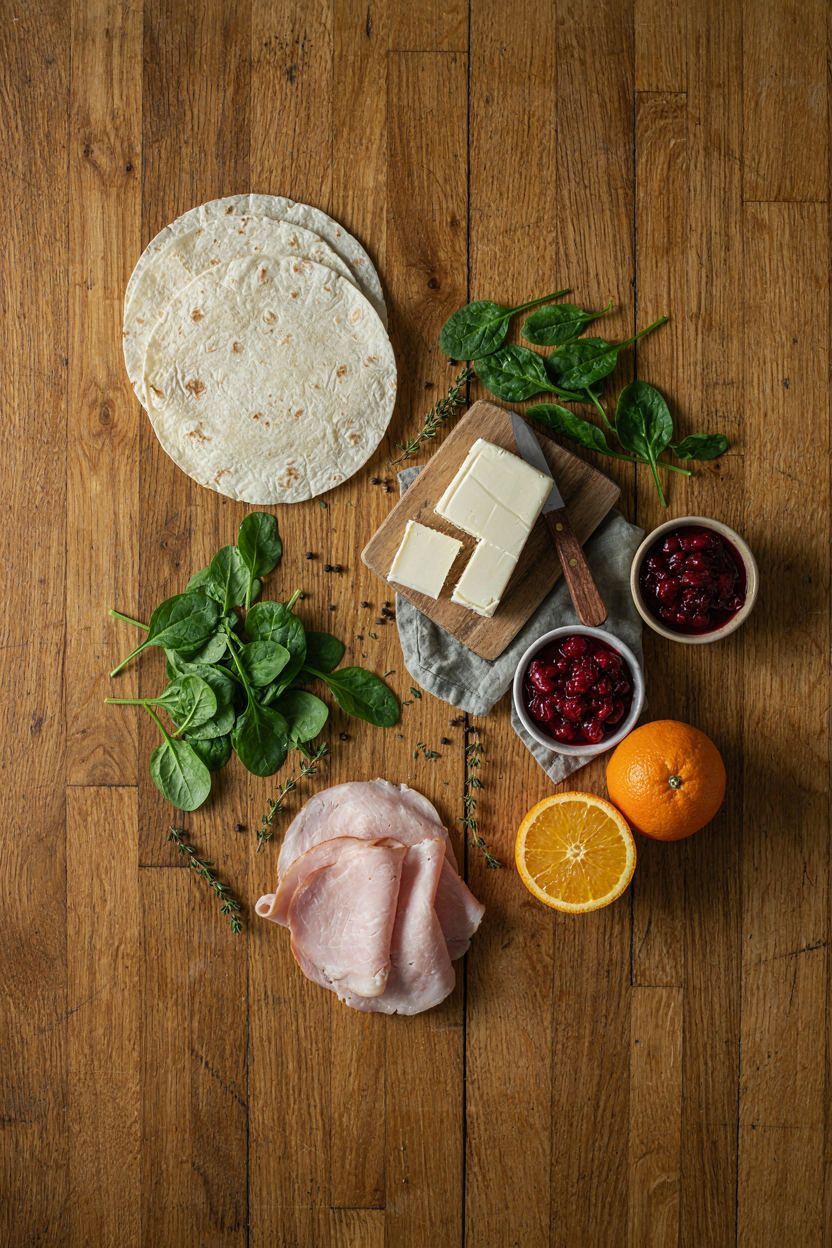 Pinwheel ingredients on rustic table: tortillas, cream cheese, cranberry sauce, turkey, spinach