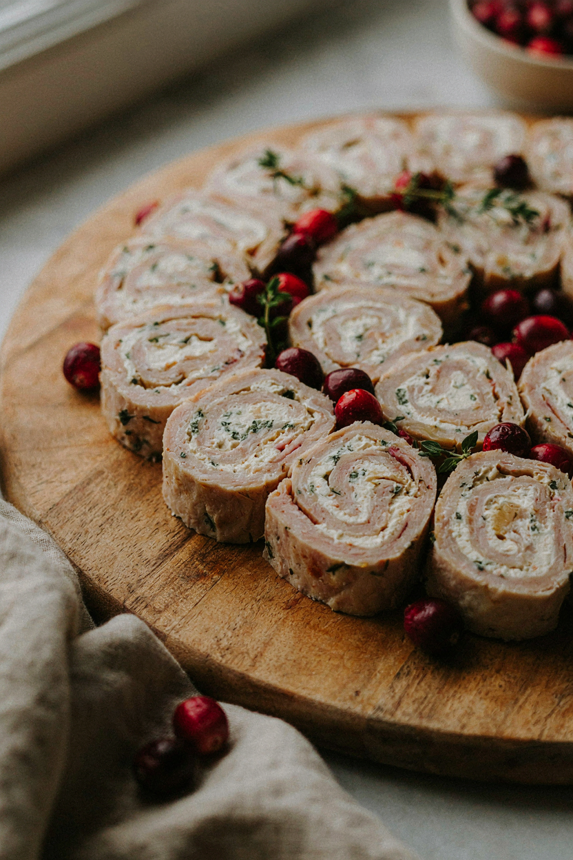 Platter of sliced pinwheels showing spiral cross-sections