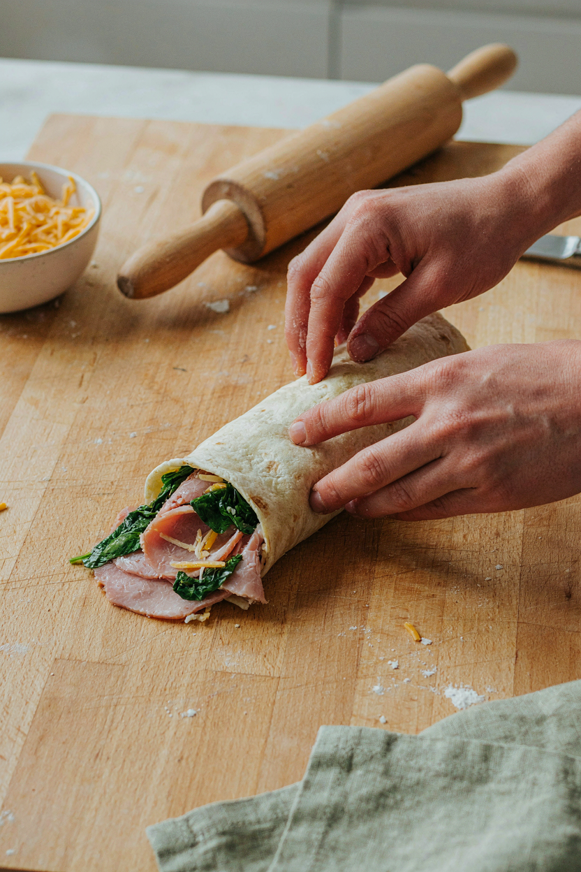 Hands rolling tortilla into tight log with filling visible