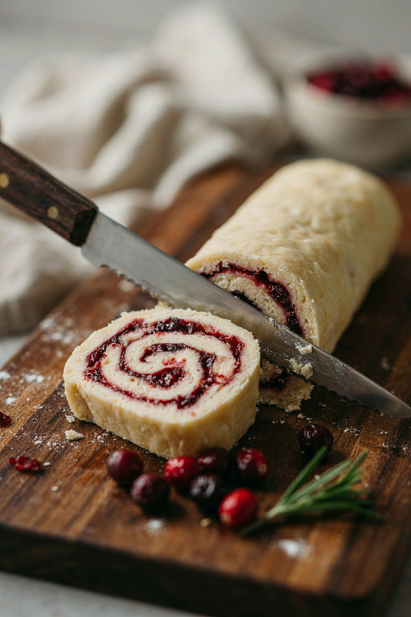 Pinwheel log being sliced with serrated knife, spiral cross-section visible