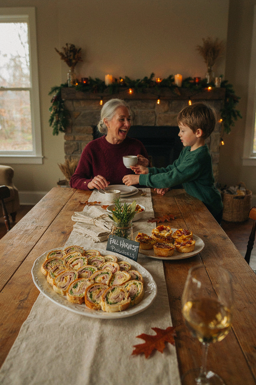Thanksgiving appetizer table with platter of pinwheels, family gathering, festive atmosphere
