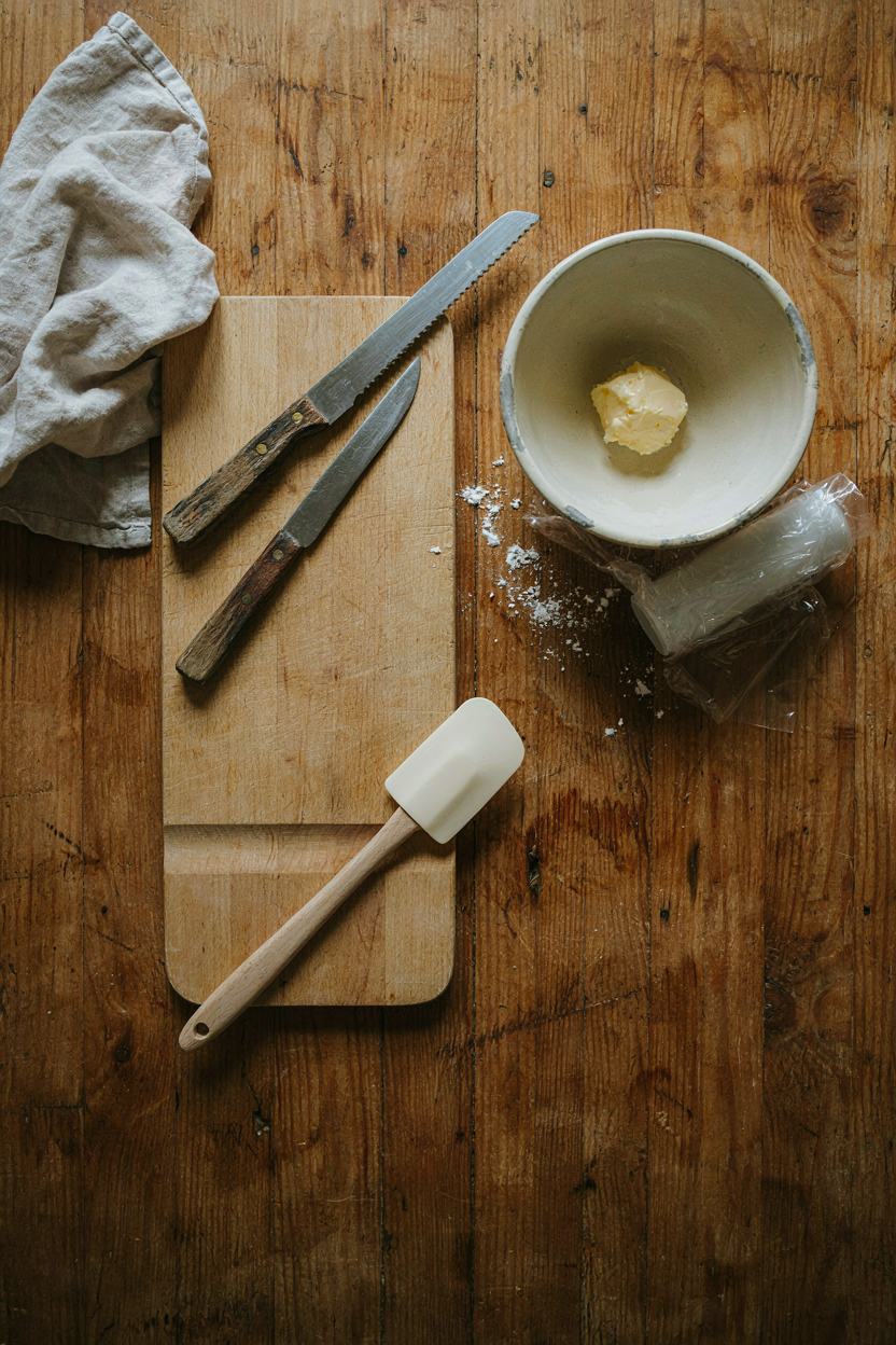 Pinwheel making tools arranged on rustic table