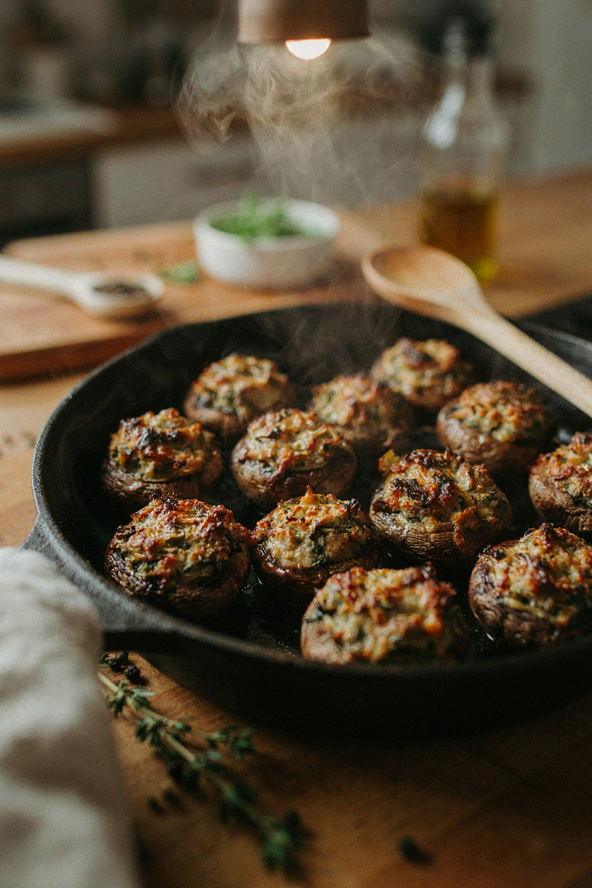 Tray of golden-topped stuffed mushrooms coming out of oven