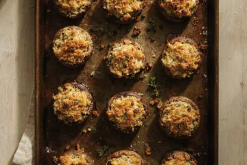 Tray of golden-topped stuffed mushroom caps