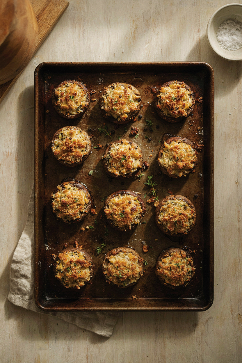 Tray of golden-topped stuffed mushroom caps, filling browned, no liquid pooled around them