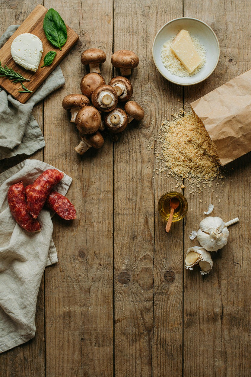 Stuffed mushroom ingredients on rustic table: cremini mushrooms, Italian sausage, cream cheese, parmesan, panko, herbs
