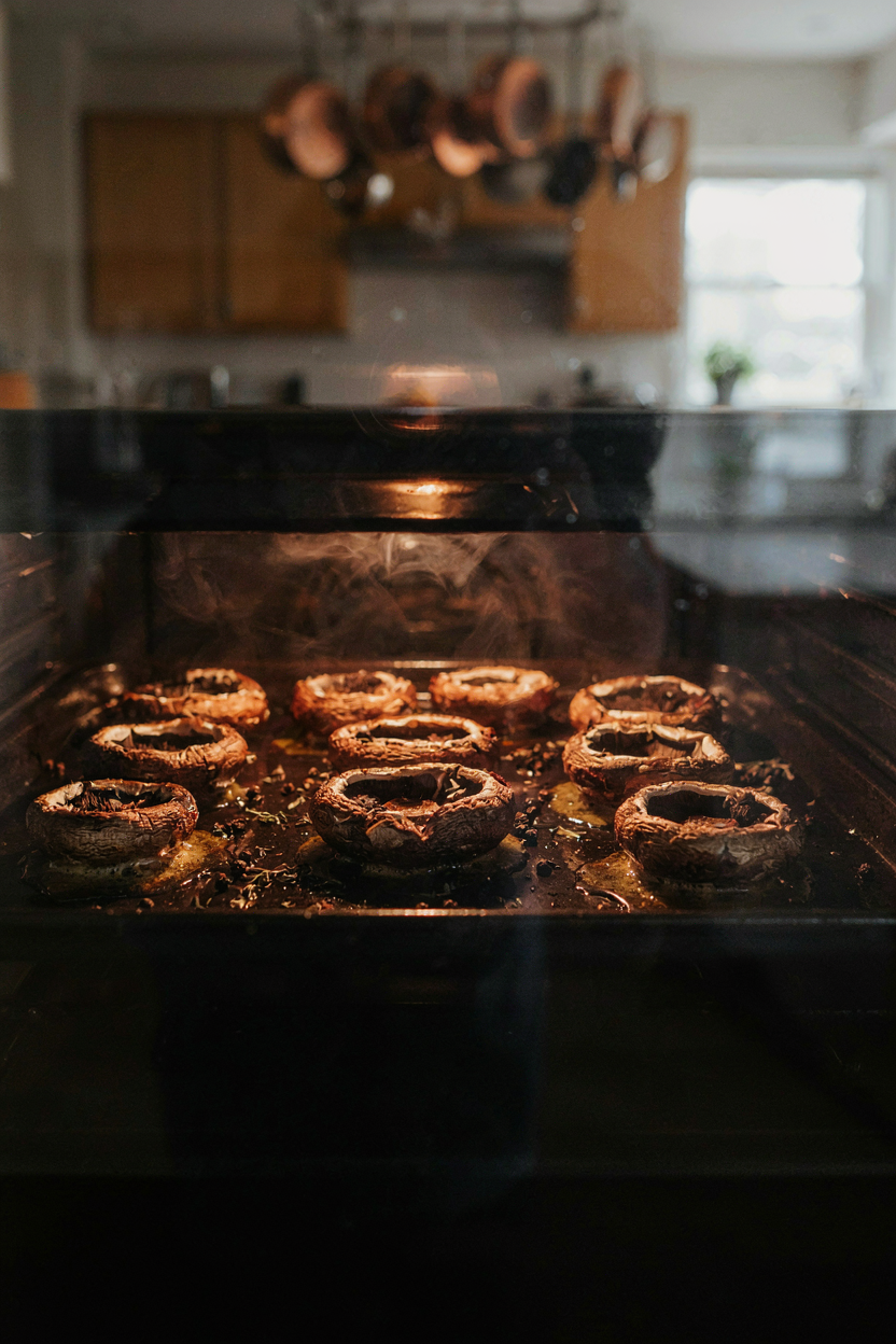 Mushroom caps roasting hollow-side down in oven