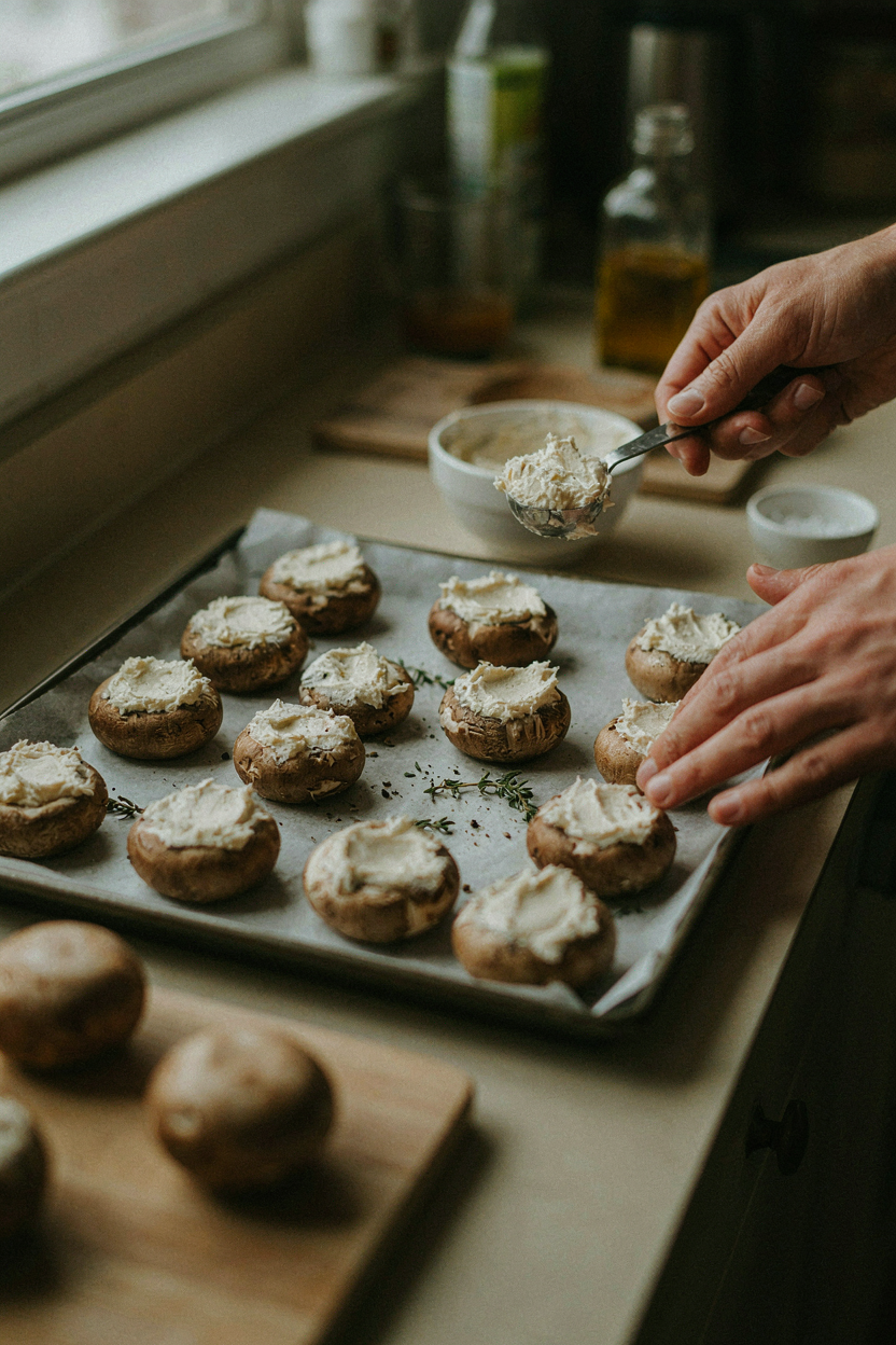 Hands spooning filling into mushroom caps on baking sheet