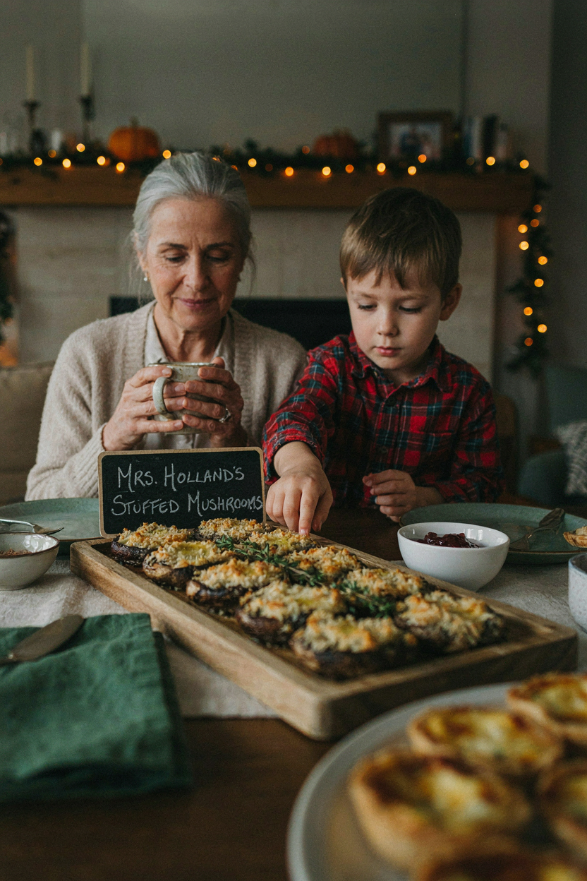 Thanksgiving appetizer table with tray of stuffed mushrooms, family gathering, festive atmosphere