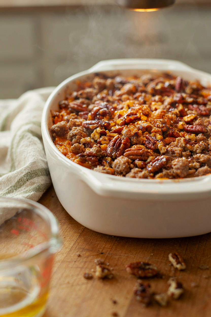Baking dish of sweet potato casserole with golden pecan streusel topping
