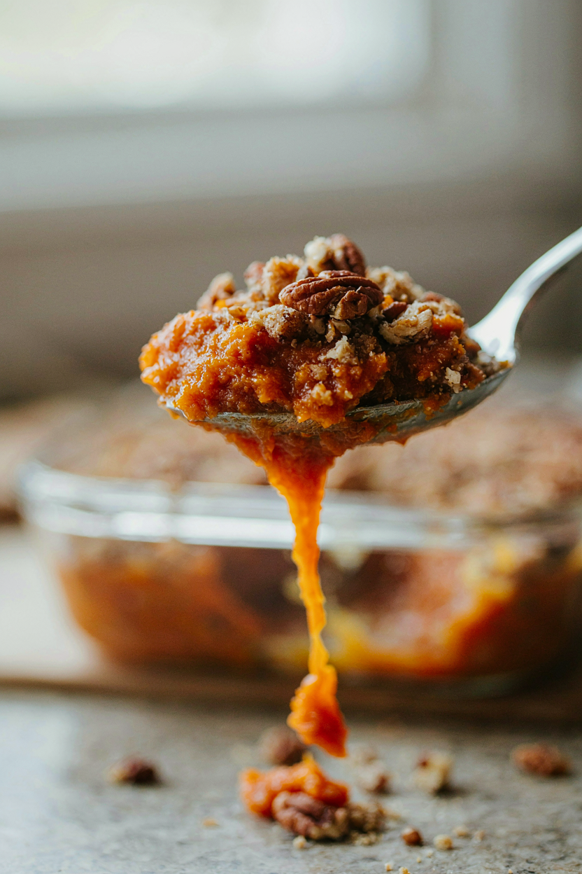 Spoonful of sweet potato casserole being lifted, orange filling stretching, pecan streusel crumbly on top
