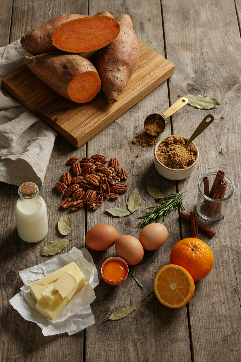 Sweet potato casserole ingredients on rustic table: sweet potatoes, pecans, brown sugar, butter, eggs, cinnamon